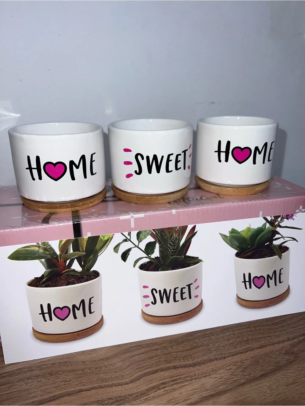 White Ceramic 'Home Sweet Home' Planter Set with Pink Heart Accents